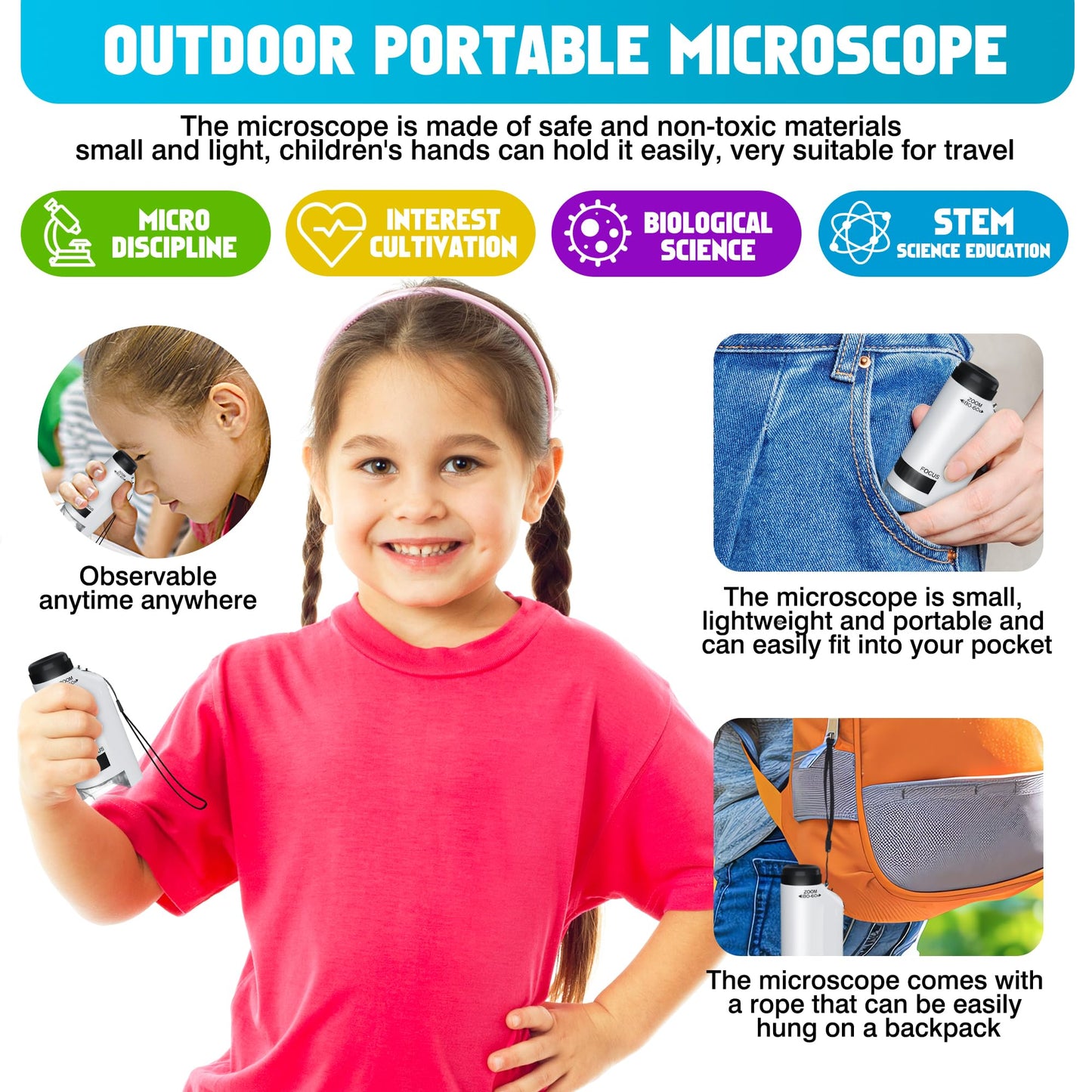 CUKU Portable Microscope for Kids 60x-180x – LED Pocket STEM Toy with 12 Slides