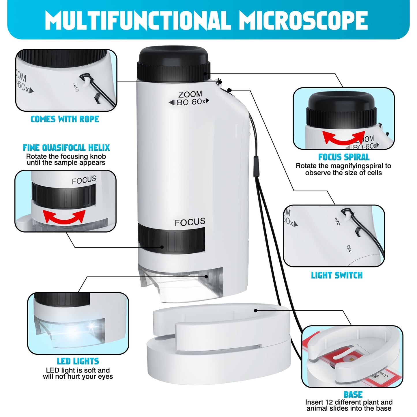 CUKU Portable Microscope for Kids 60x-180x – LED Pocket STEM Toy with 12 Slides