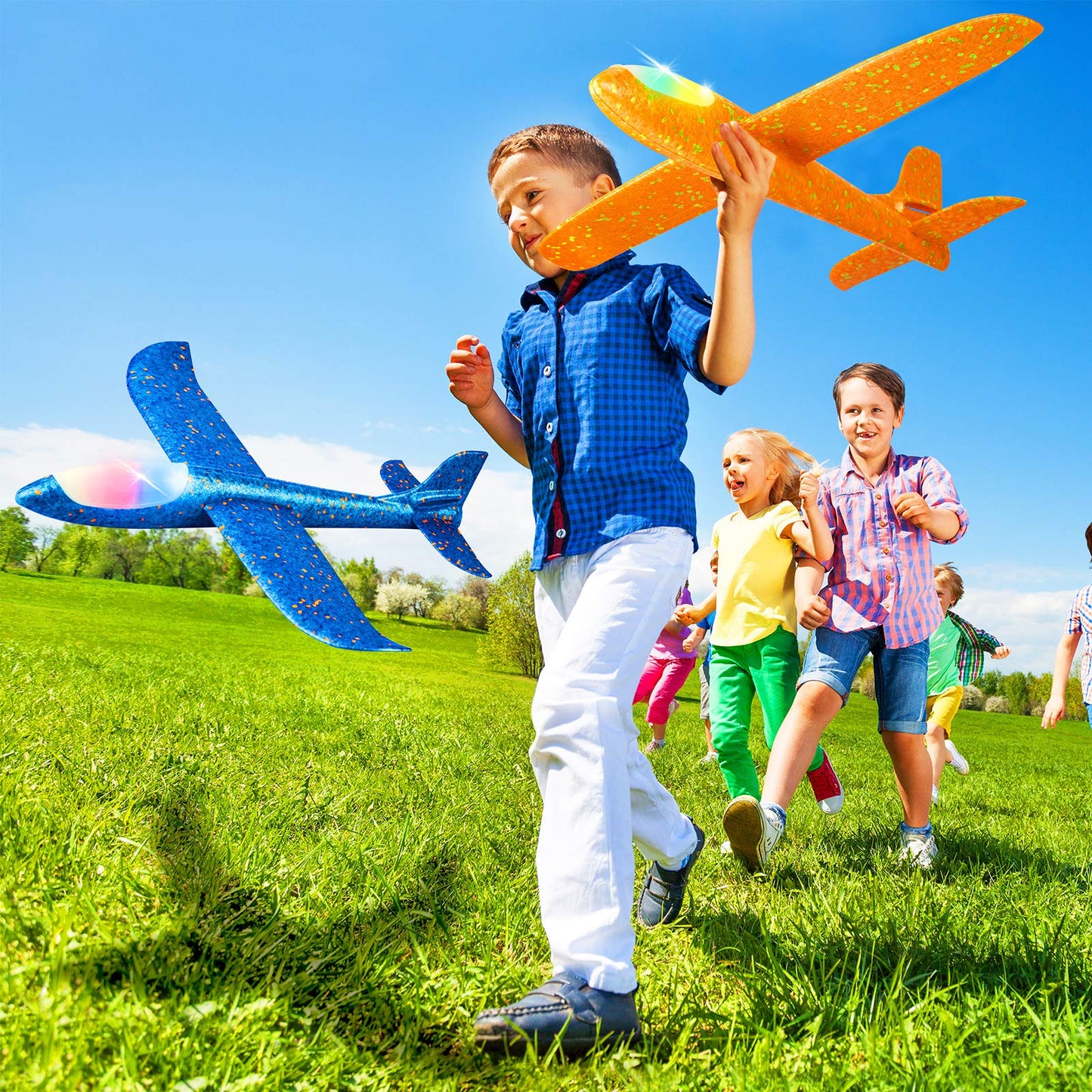 CUKU 2 Pack LED Light Airplane – 17.5-inch Throwing Gliders with 2 Flight Modes
