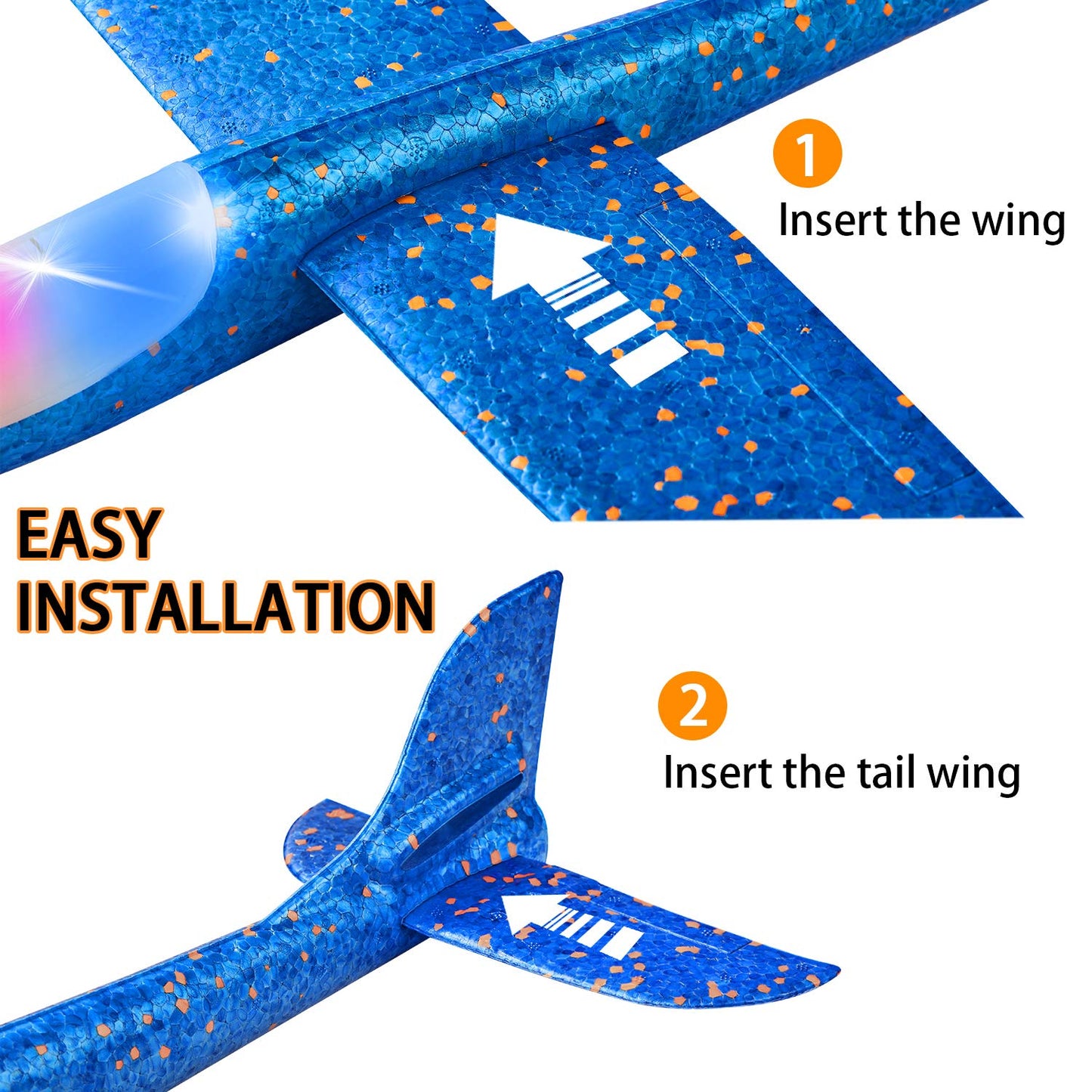 CUKU 2 Pack LED Light Airplane – 17.5-inch Throwing Gliders with 2 Flight Modes