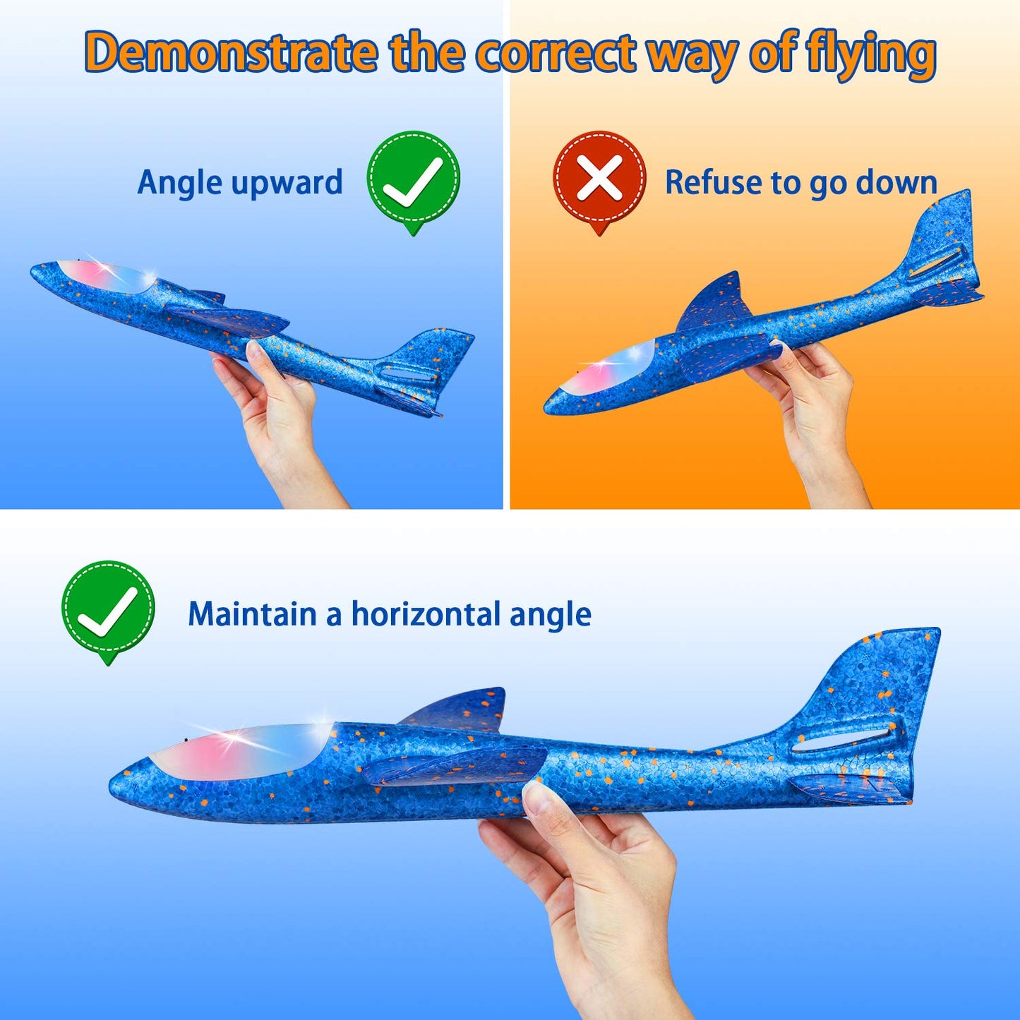 CUKU 2 Pack LED Light Airplane – 17.5-inch Throwing Gliders with 2 Flight Modes