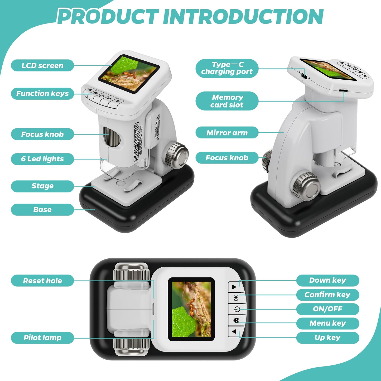 CUKU Rechargeable Digital Microscope for Kids 1200x | 2-Inch LCD Screen, 32GB SD Card