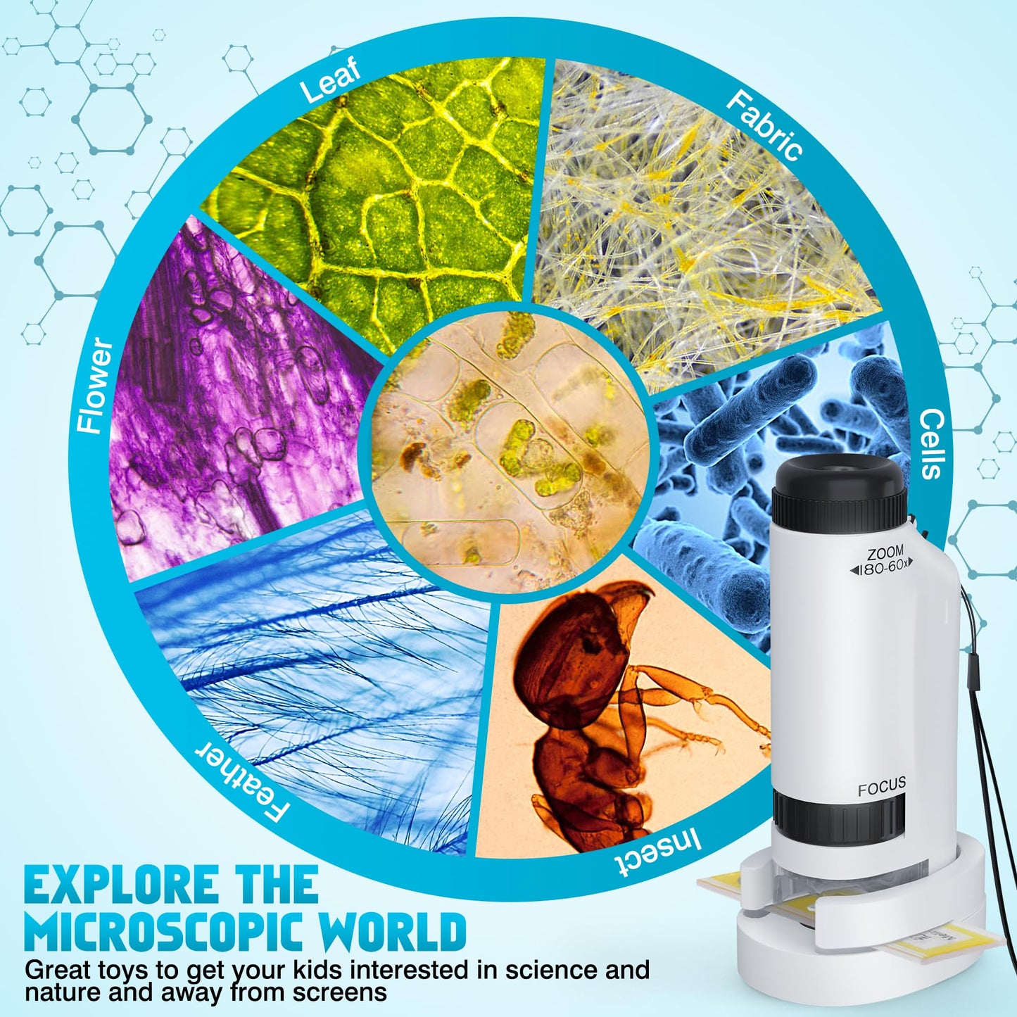 CUKU Portable Microscope for Kids 60x-180x – LED Pocket STEM Toy with 12 Slides