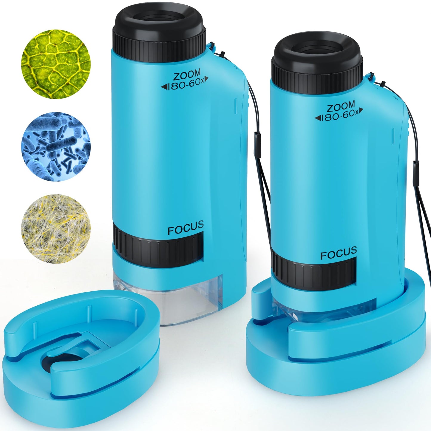 CUKU Portable Kids Microscope 60x-180x | LED Pocket STEM Toy, 2-Pack Blue
