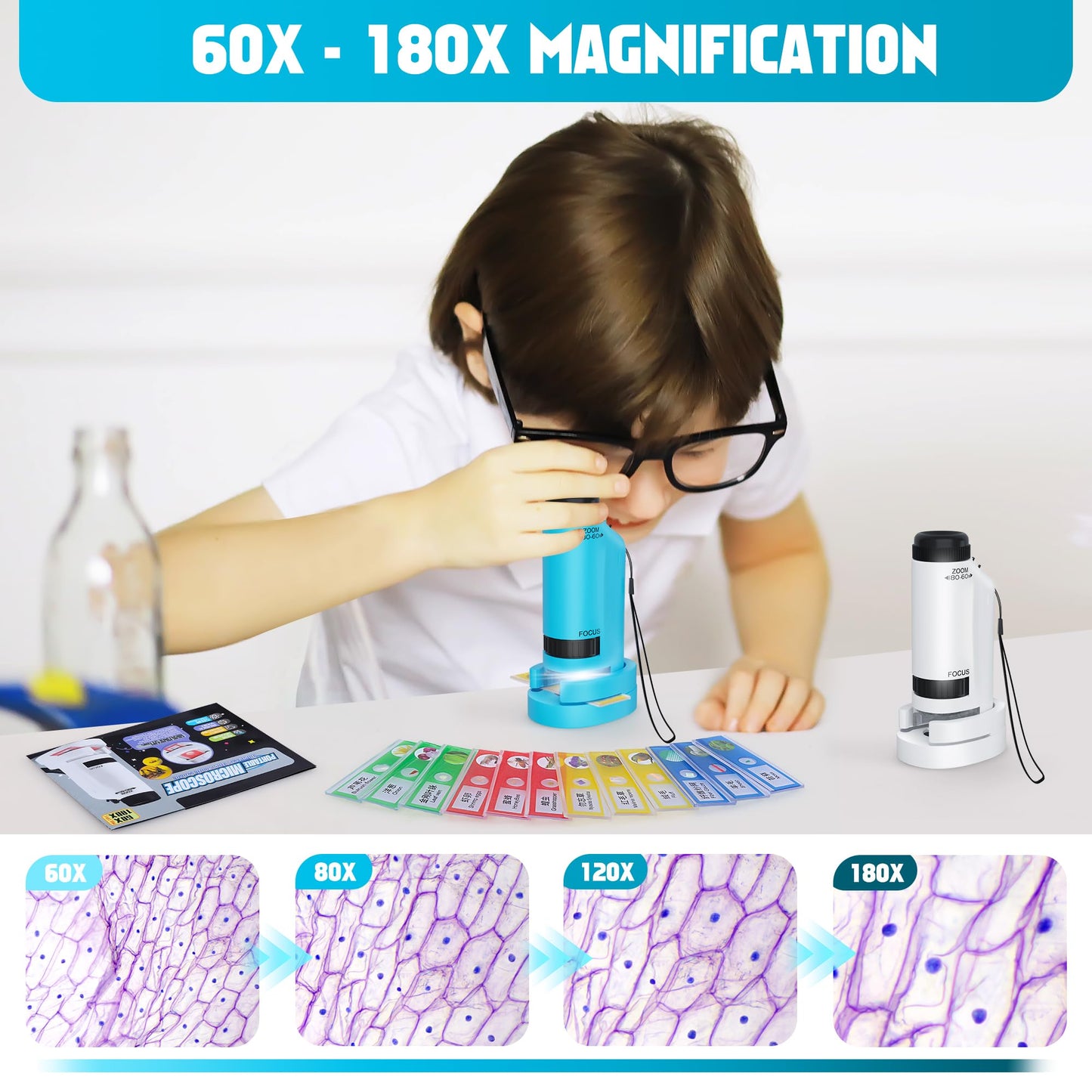 CUKU Portable Kids Microscope 60x-180x | LED Pocket STEM Toy, 2-Pack Blue
