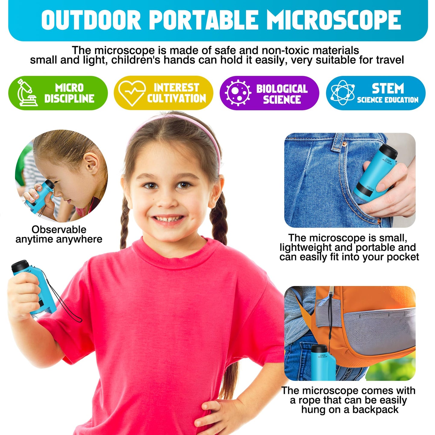 CUKU Portable Kids Microscope 60x-180x | LED Pocket STEM Toy, 2-Pack Blue