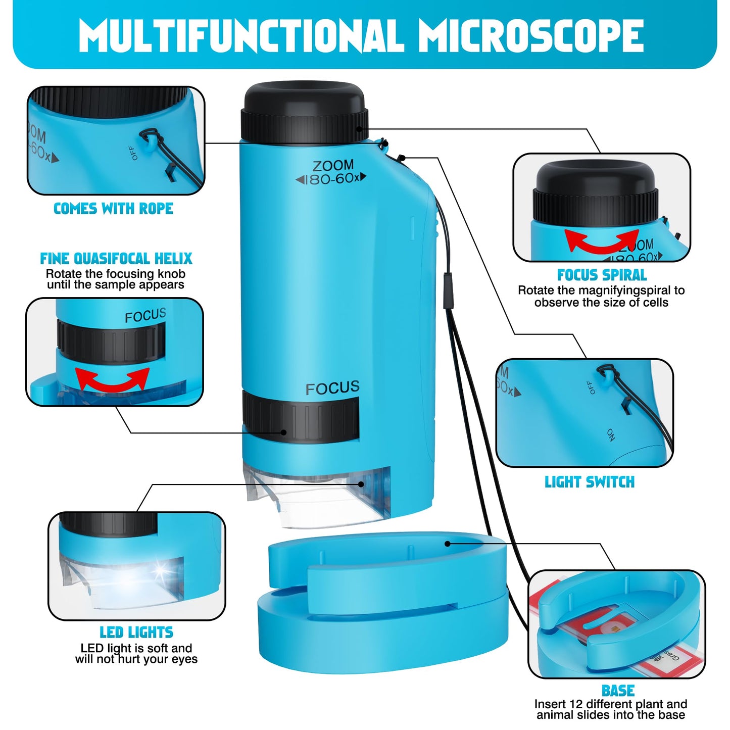 CUKU Portable Kids Microscope 60x-180x | LED Pocket STEM Toy, 2-Pack Blue