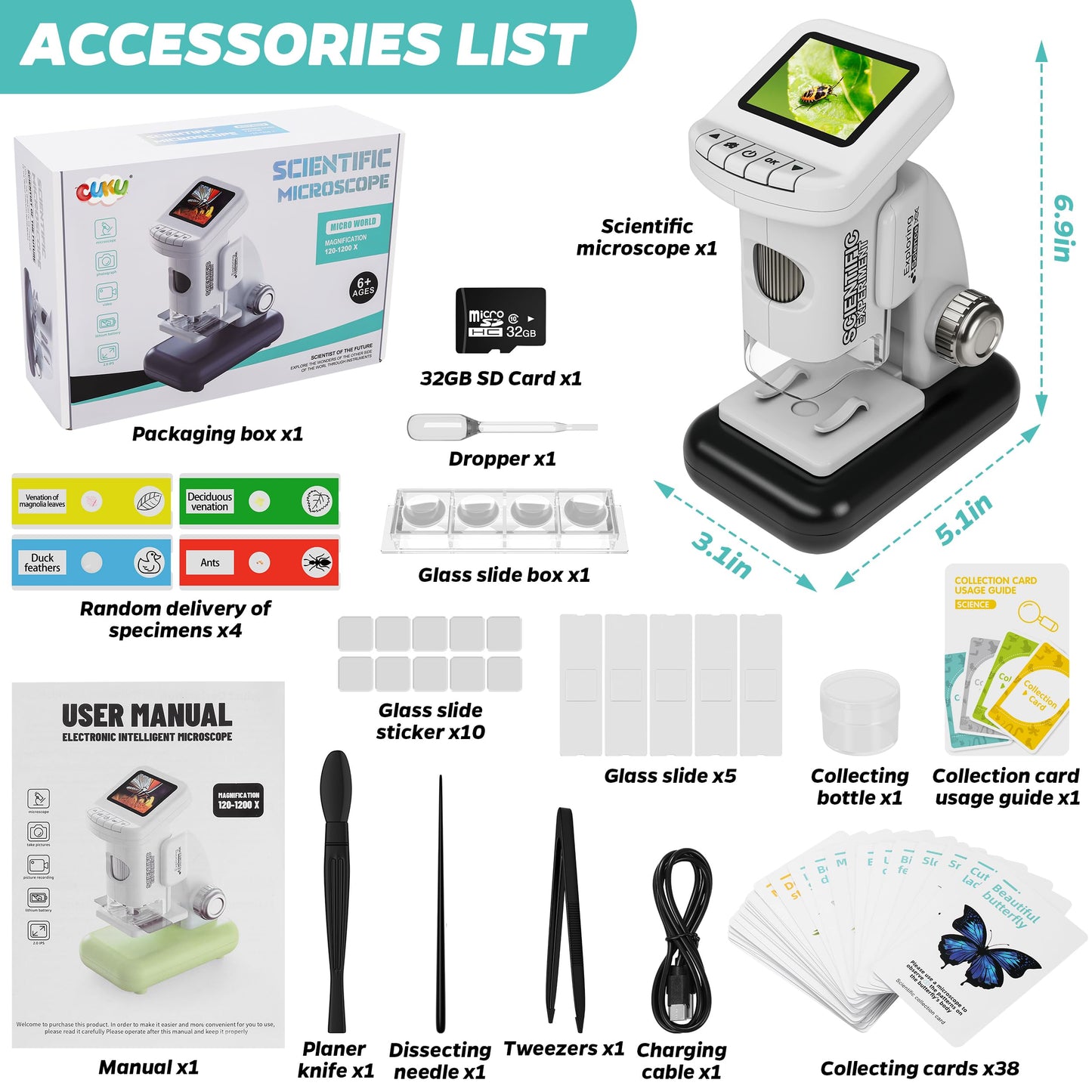 CUKU Rechargeable Digital Microscope for Kids 1200x | 2-Inch LCD Screen, 32GB SD Card