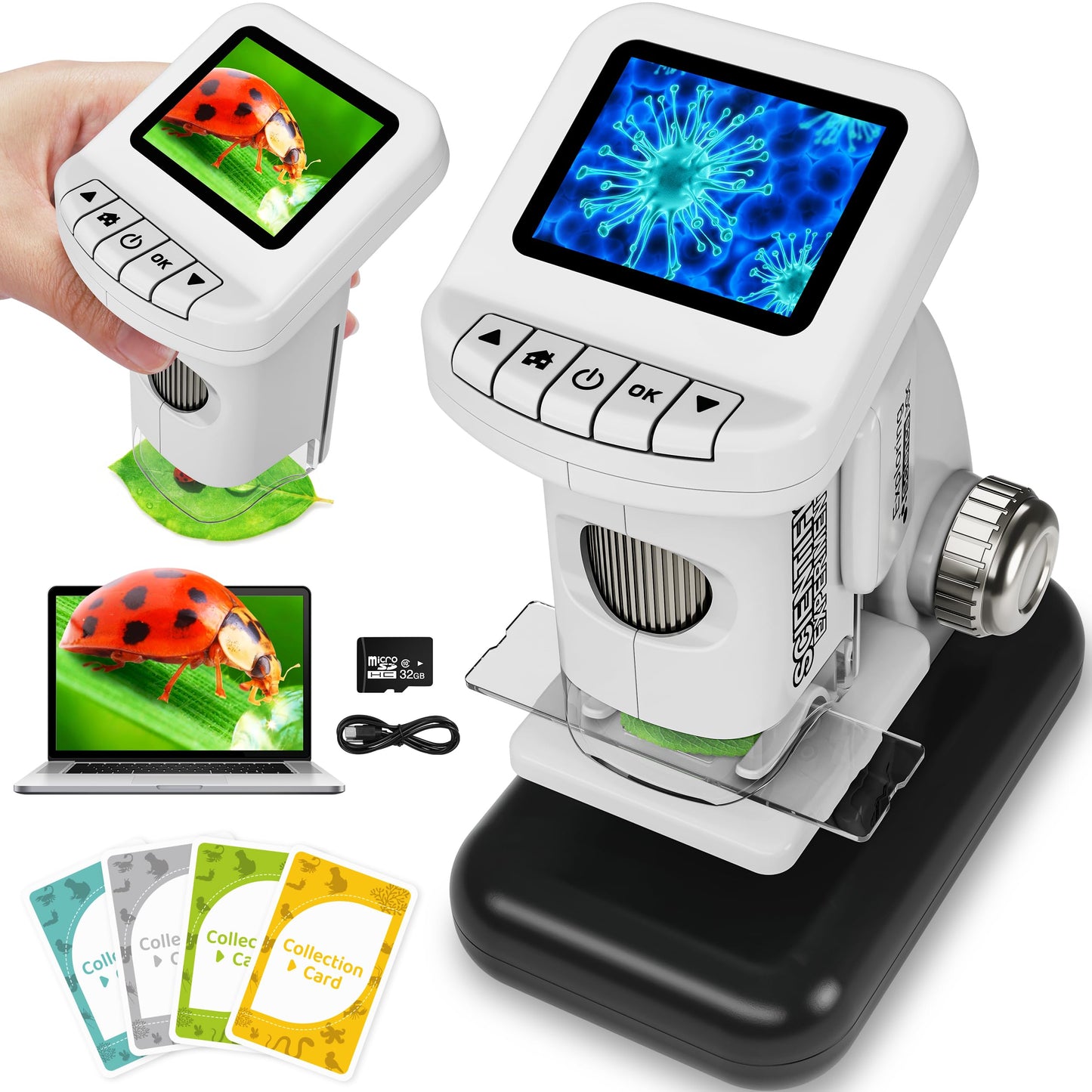CUKU Rechargeable Digital Microscope for Kids 1200x | 2-Inch LCD Screen, 32GB SD Card