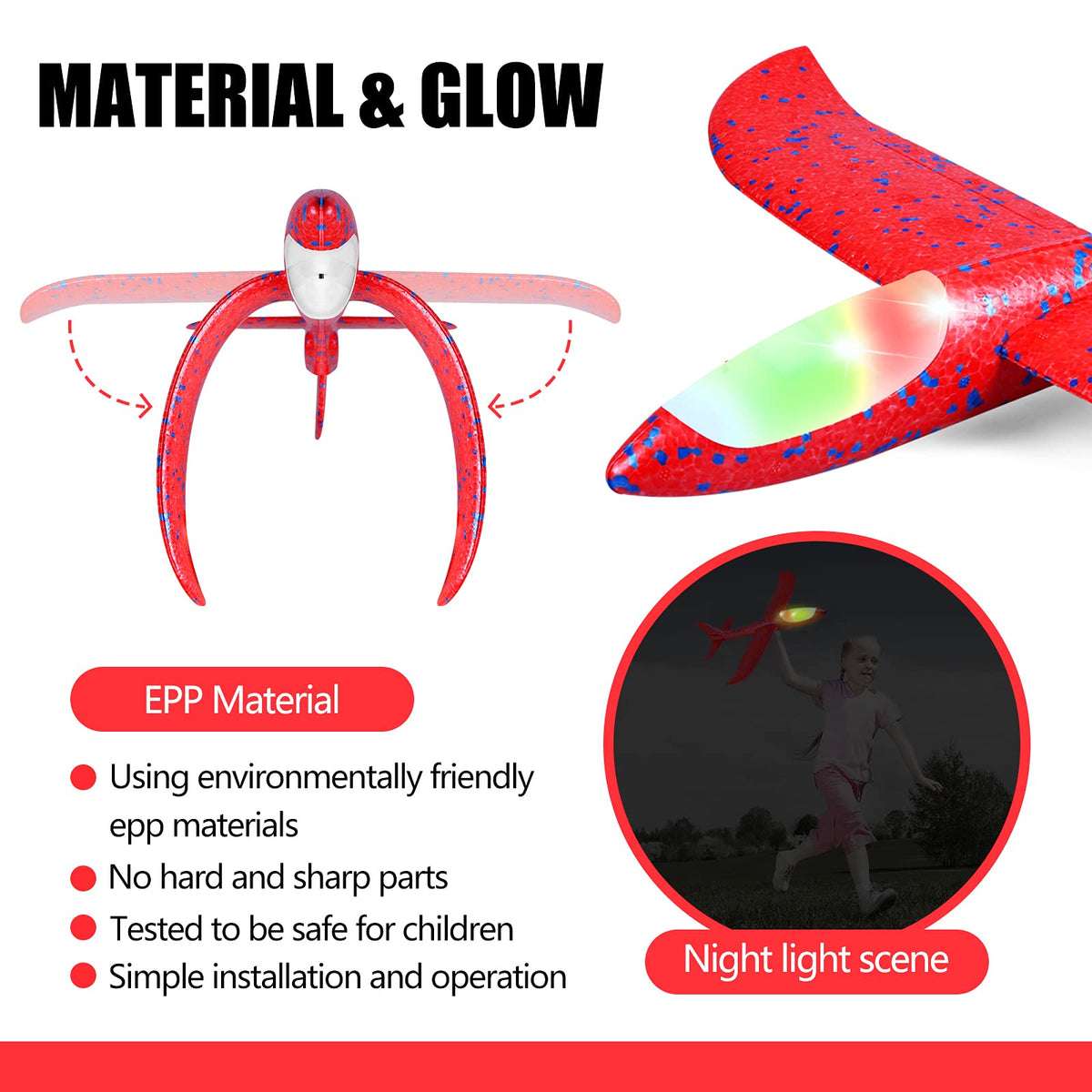 CUKU 2 Pack LED Light Airplane – 17.5-Inch Foam Flying Toy with 2 Flight Modes