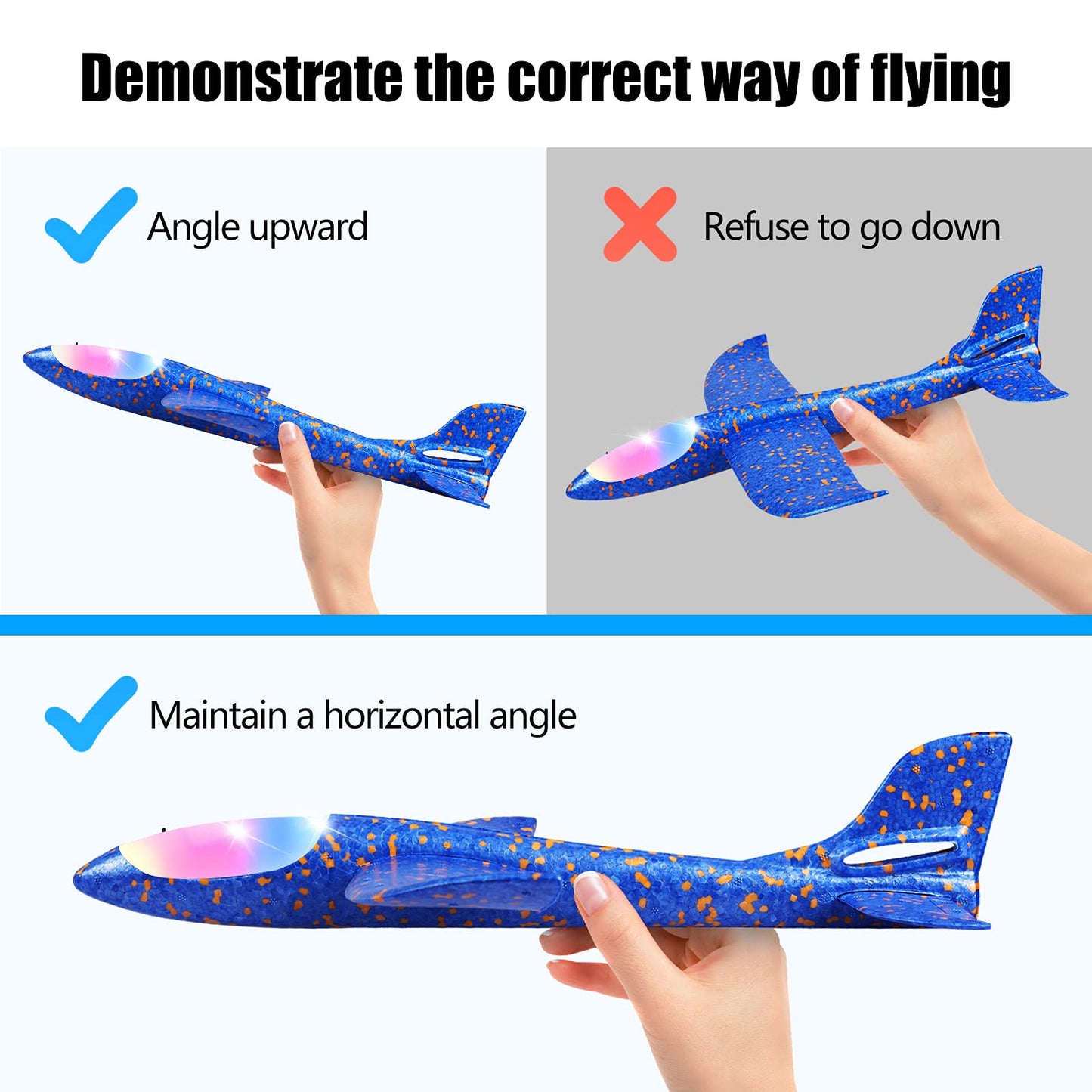CUKU 2 Pack LED Light Airplane – 17.5-Inch Foam Flying Toy with 2 Flight Modes