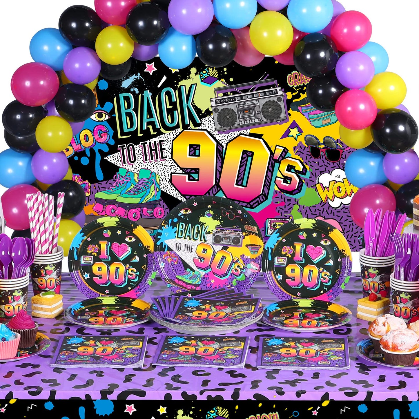 Cunhill 90s Party Decorations Set – Retro Backdrop, Balloons & Dinnerware