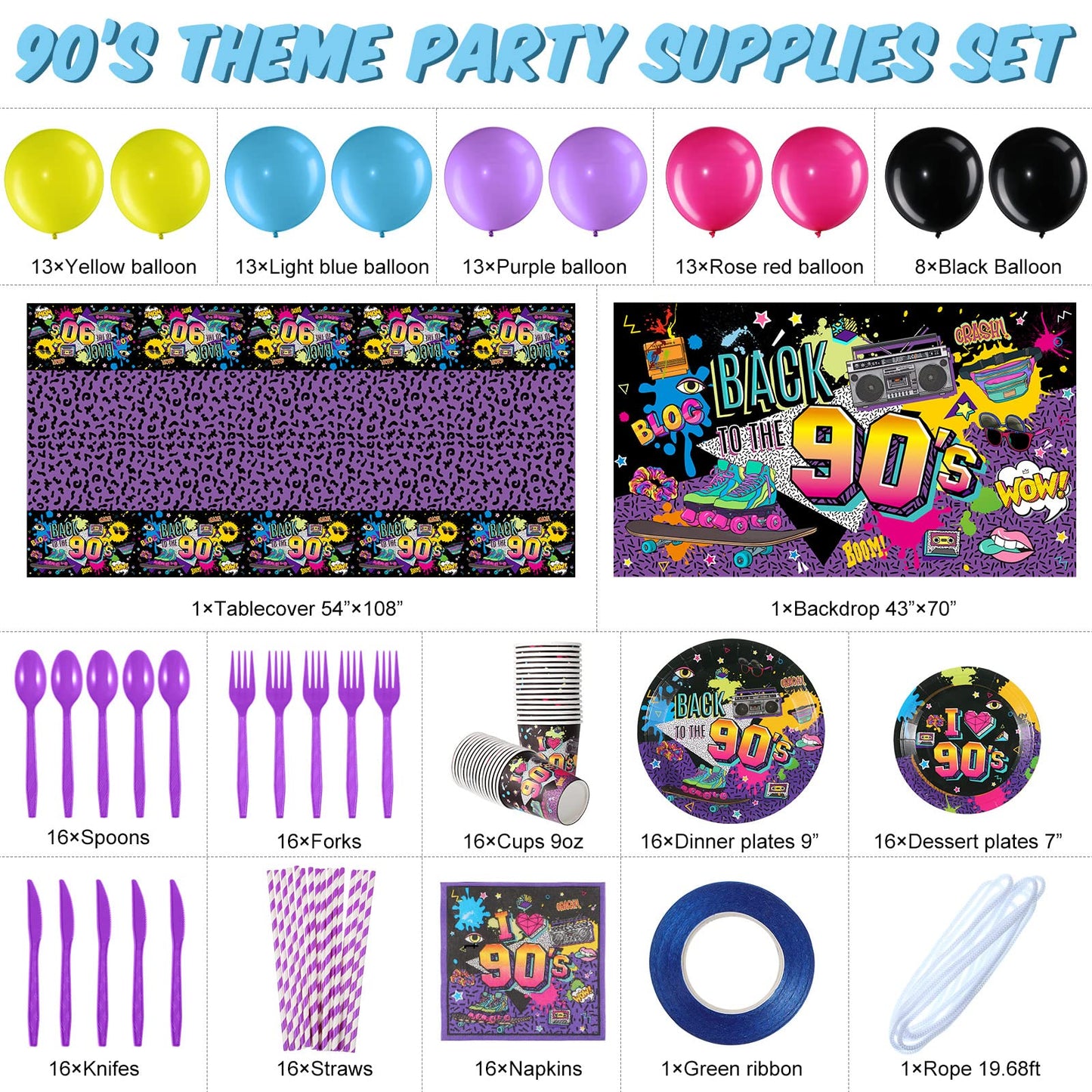 Cunhill 90s Party Decorations Set – Retro Backdrop, Balloons & Dinnerware