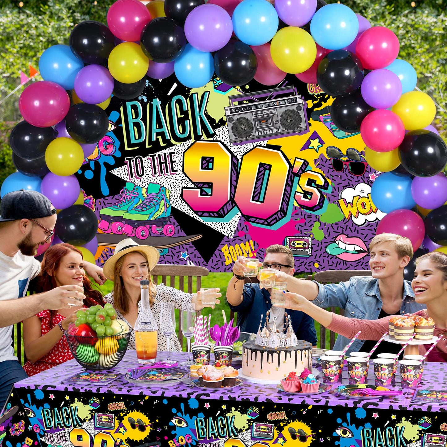 Cunhill 90s Party Decorations Set – Retro Backdrop, Balloons & Dinnerware