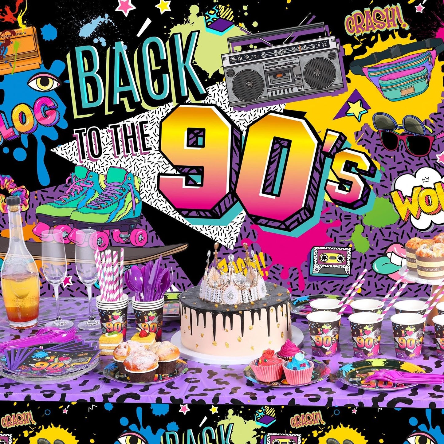 Cunhill 90s Party Decorations Set – Retro Backdrop, Balloons & Dinnerware