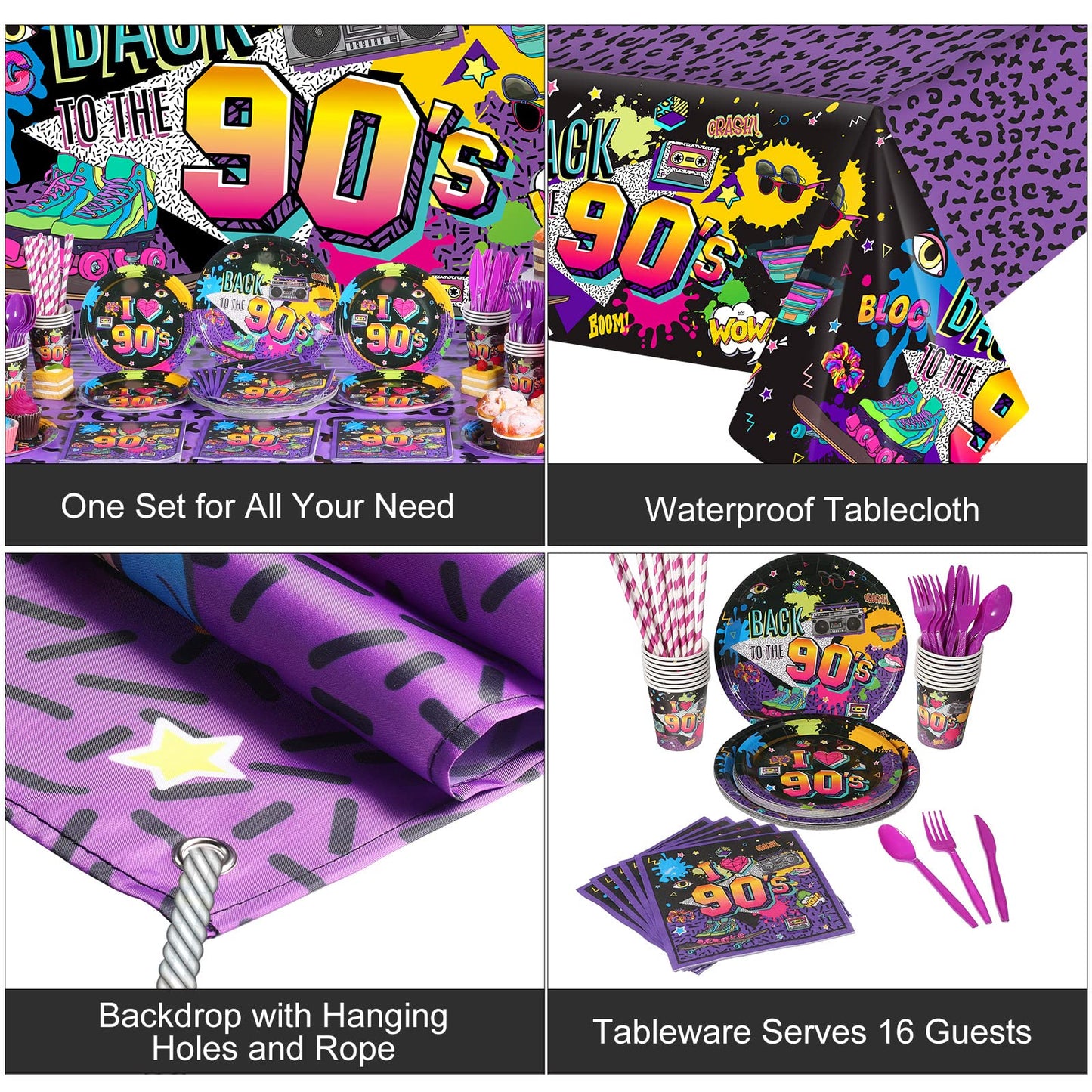 Cunhill 90s Party Decorations Set – Retro Backdrop, Balloons & Dinnerware