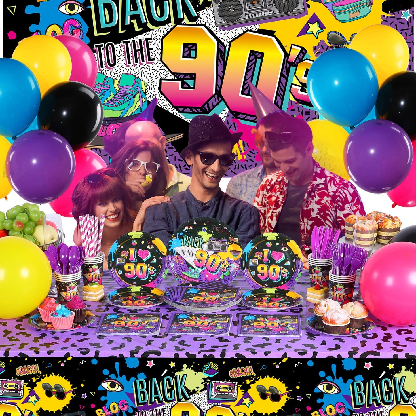 Cunhill 90s Party Decorations Set – Retro Backdrop, Balloons & Dinnerware