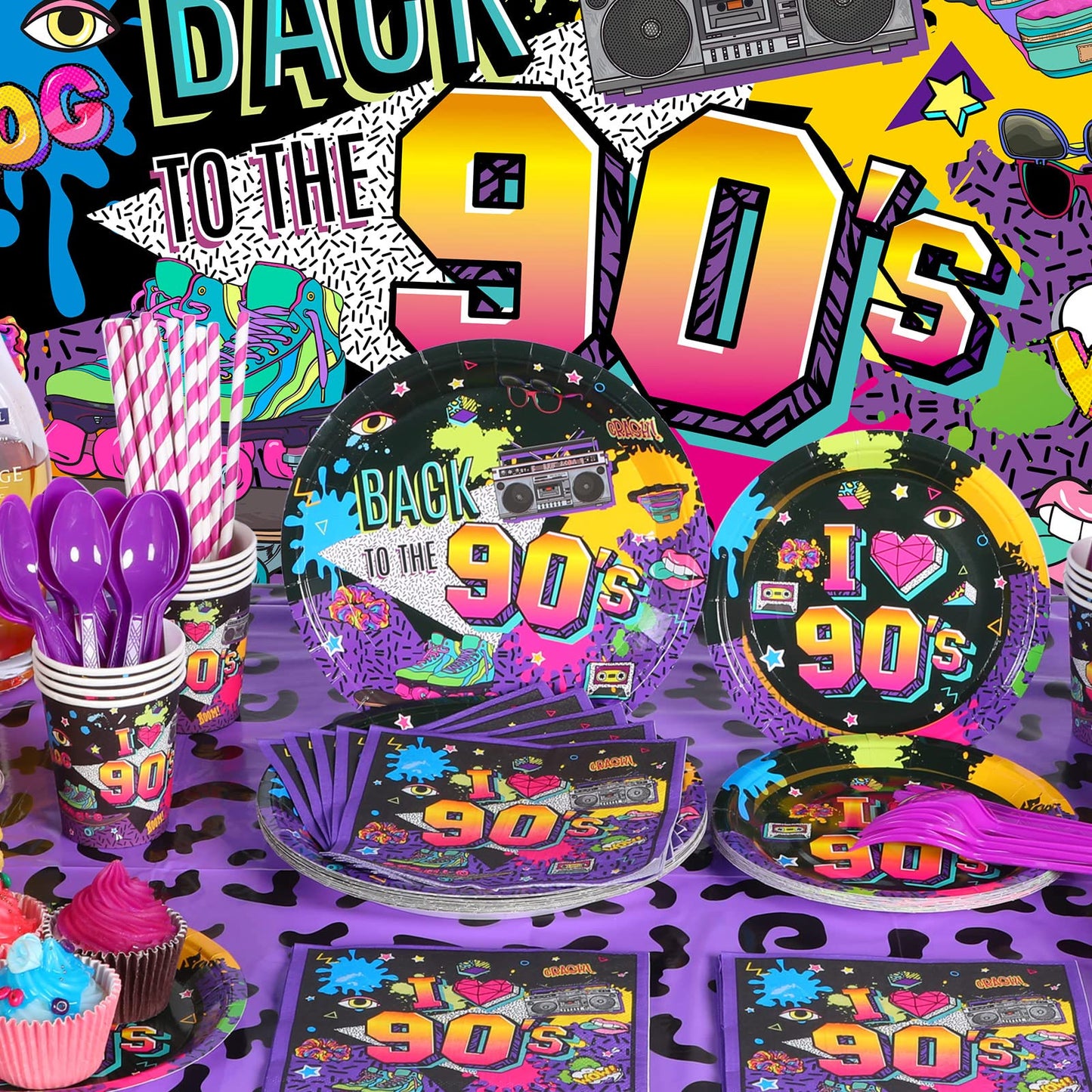 Cunhill 90s Party Decorations Set – Retro Backdrop, Balloons & Dinnerware