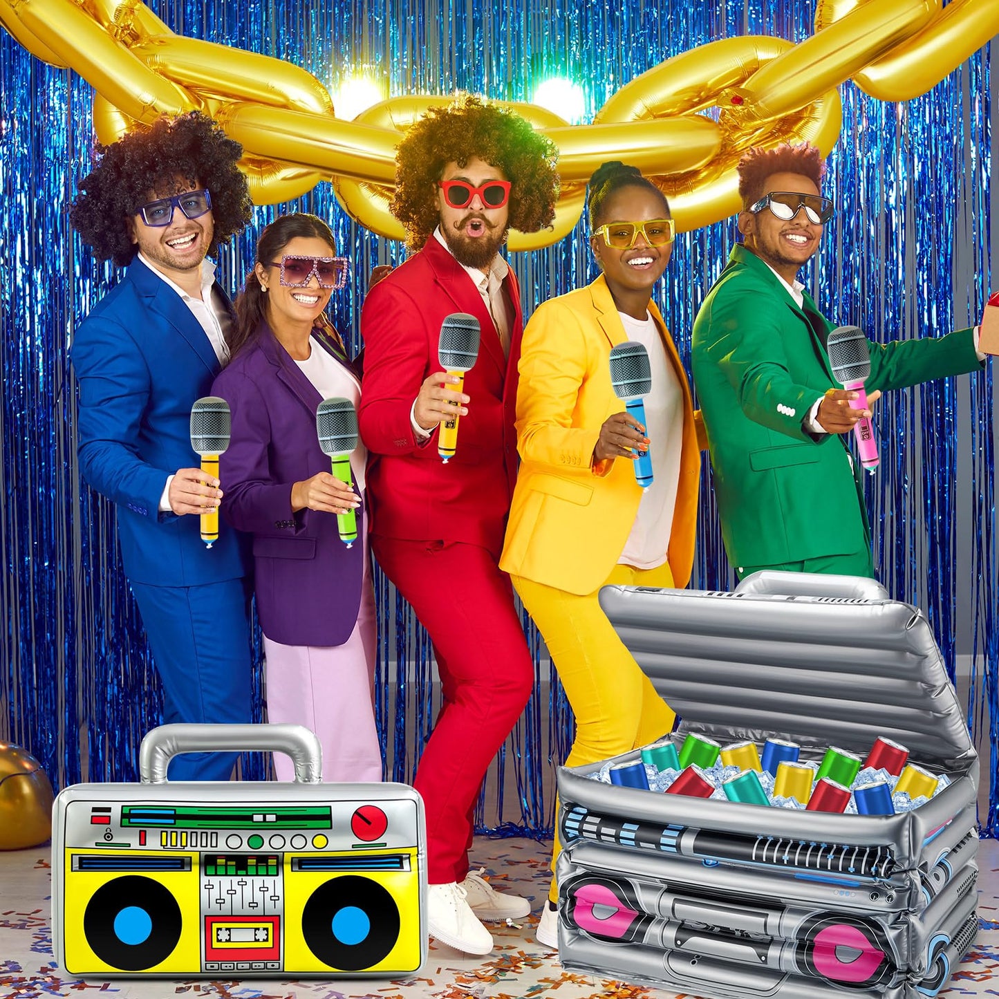Cunhill 29-Piece 80s/90s Party Decor Set — Inflatable Boom Box Cooler, Gold Foil Balloons & More