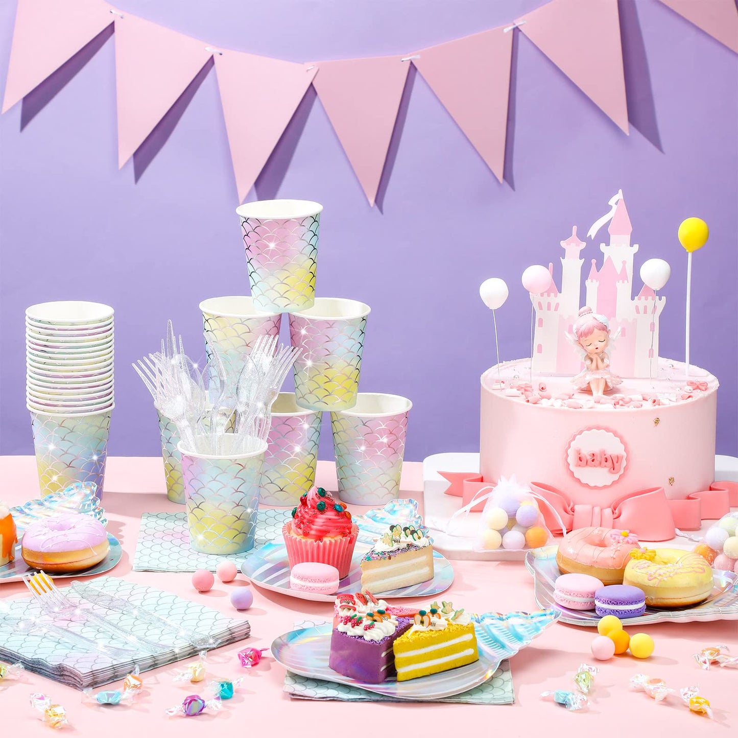 Cunhill 144 Pcs Mermaid Party Supplies – Elegant Under the Sea Dinnerware Set