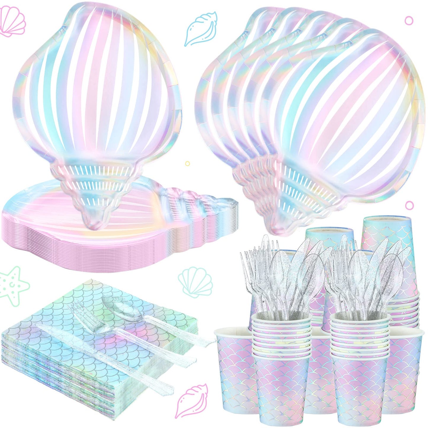 Cunhill 144 Pcs Mermaid Party Supplies – Elegant Under the Sea Dinnerware Set