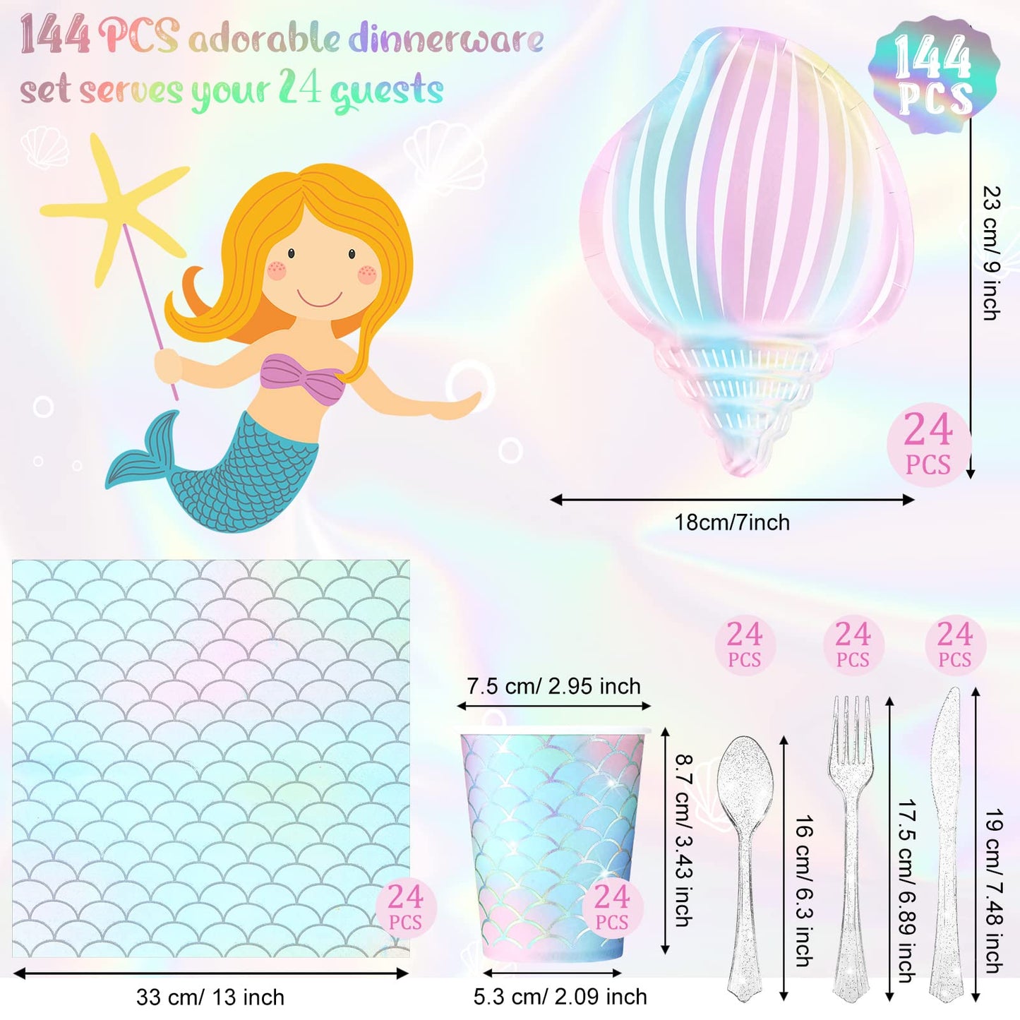 Cunhill 144 Pcs Mermaid Party Supplies – Elegant Under the Sea Dinnerware Set