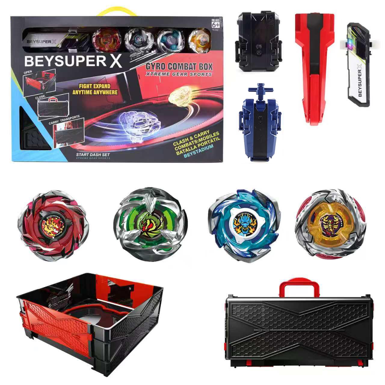 Cunjxtan Burst Gyro All-in-One Portable Battle Arena – 4 Tops, 2 Launchers, 2 Handles (CX01-4A)