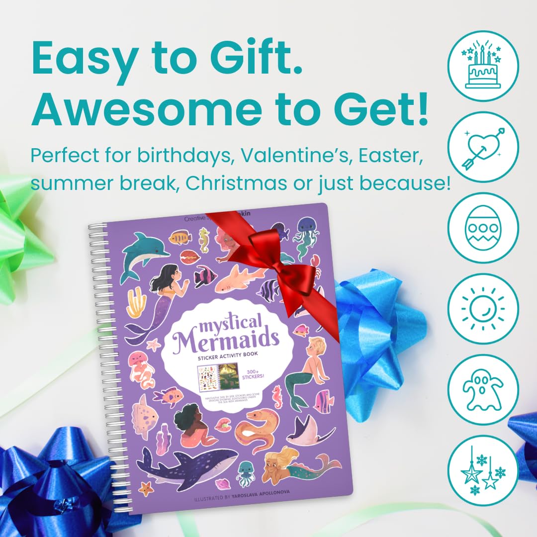 Cupkin Mystical Mermaids 300+ Sticker Book for Kids 2-8 — 8 Coloring Pages & 8 Side-by-Side Scenes