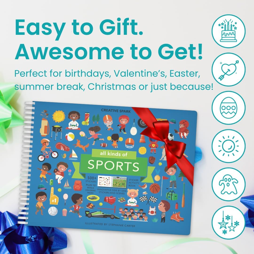 Cupkin All Kinds of Sports 500+ Kids Sticker Book | 12 Scenes & 12 Coloring Pages