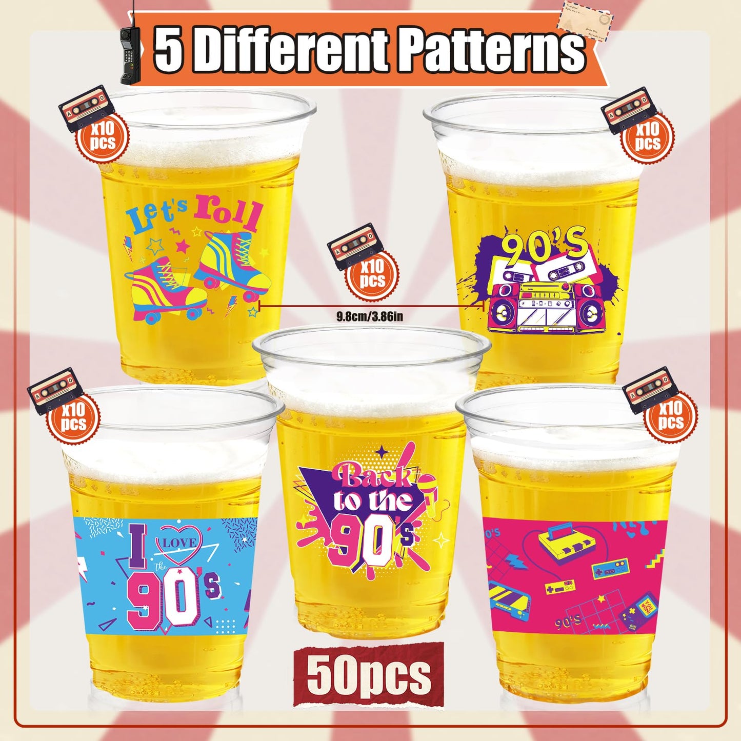 CUPLOOV 90s Theme Party Cups – 50 Pack, 16oz Disposable Plastic Cups
