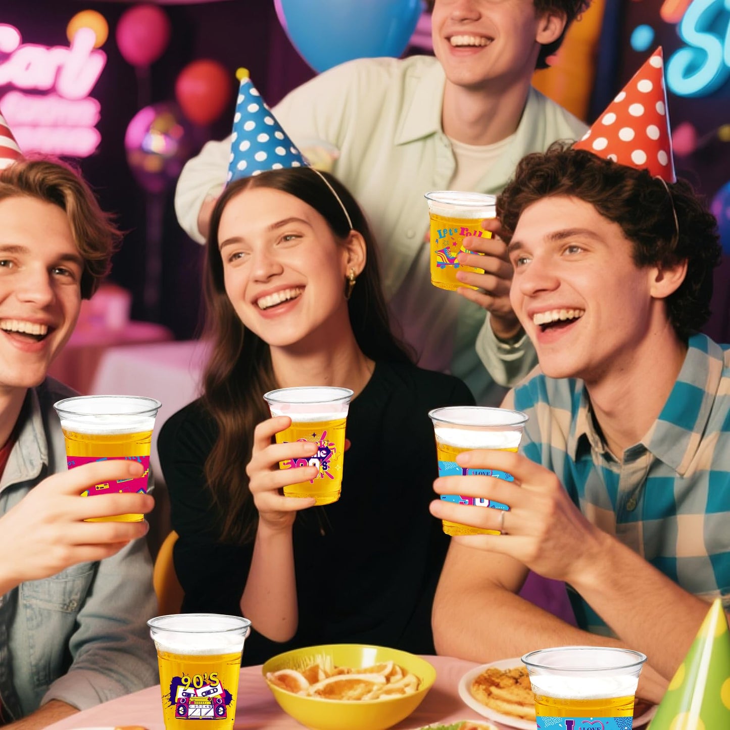 CUPLOOV 90s Theme Party Cups – 50 Pack, 16oz Disposable Plastic Cups