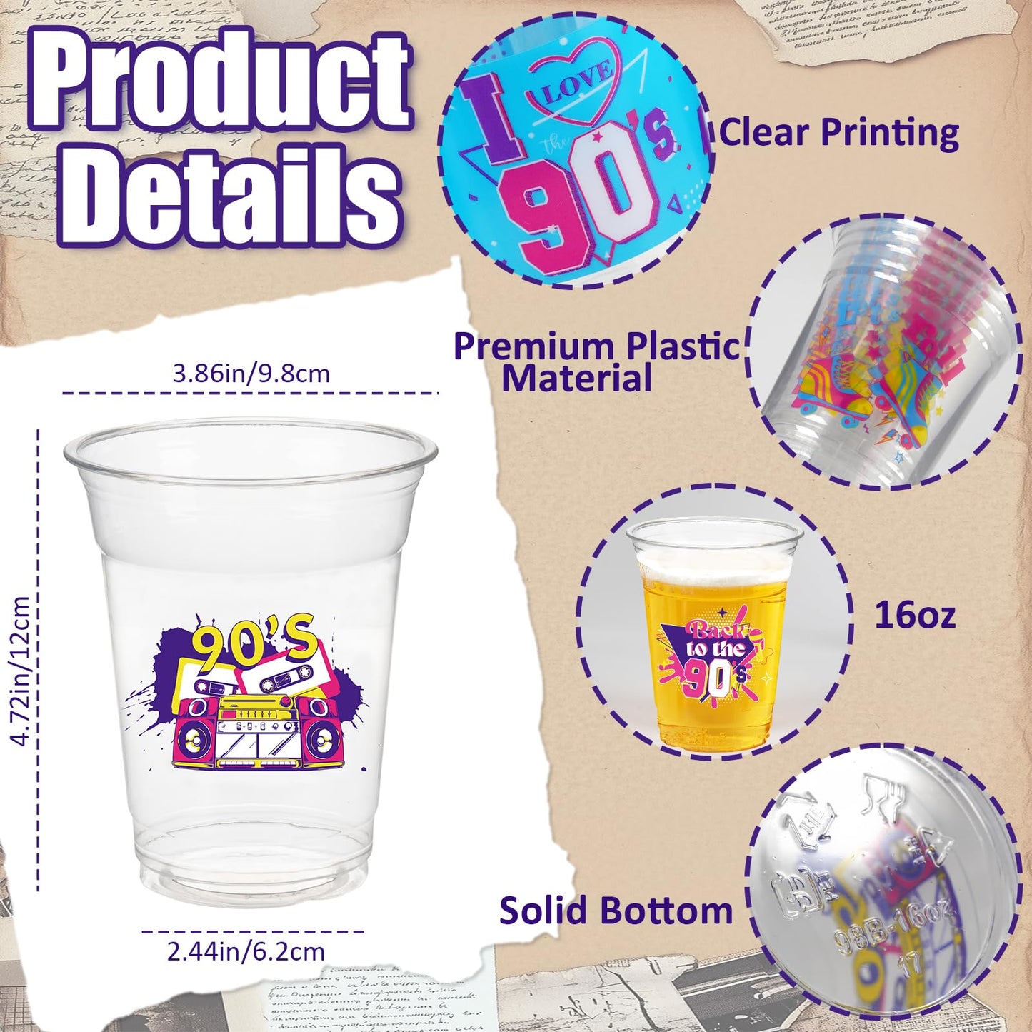 CUPLOOV 90s Theme Party Cups – 50 Pack, 16oz Disposable Plastic Cups