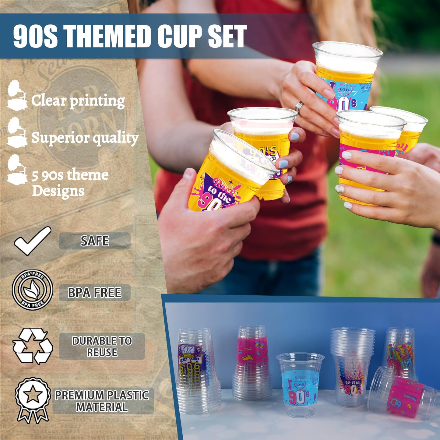 CUPLOOV 90s Theme Party Cups – 50 Pack, 16oz Disposable Plastic Cups