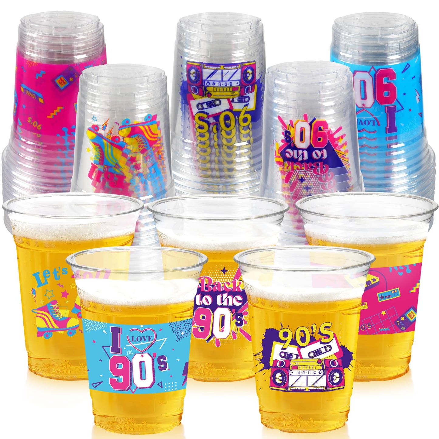 CUPLOOV 90s Theme Party Cups – 50 Pack, 16oz Disposable Plastic Cups