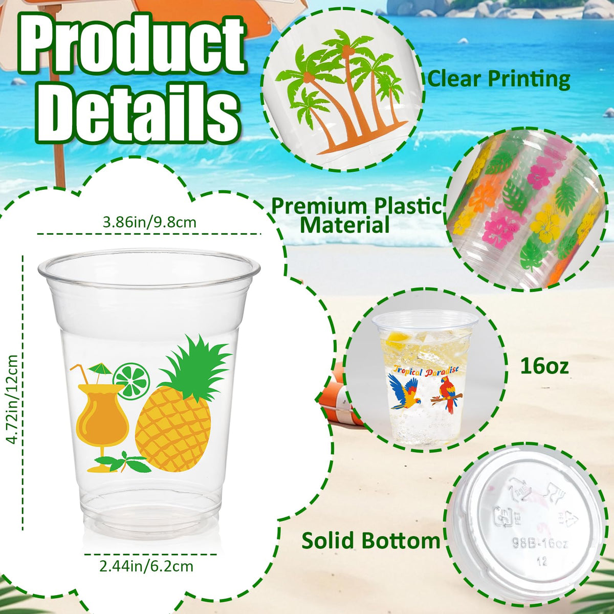 CUPLOOV 50Pcs Luau Party Cups – 16 oz Disposable Plastic Cups with Pineapple & Flamingo Design