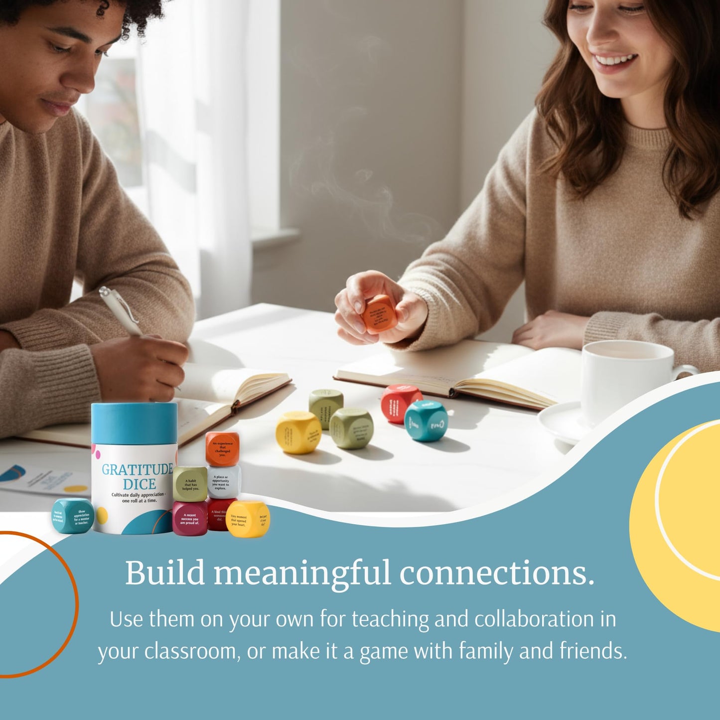Curiosity Driven Gratitude Dice Set | Color-Coded Wooden Dice with Daily Reflection Prompts