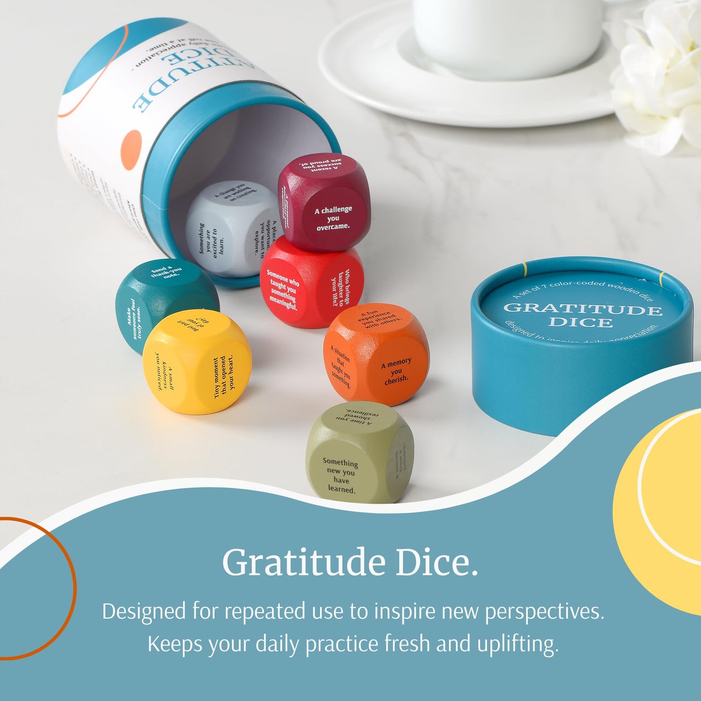 Curiosity Driven Gratitude Dice Set | Color-Coded Wooden Dice with Daily Reflection Prompts