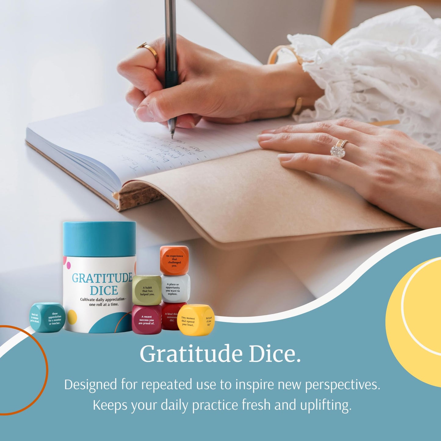 Curiosity Driven Gratitude Dice Set | Color-Coded Wooden Dice with Daily Reflection Prompts