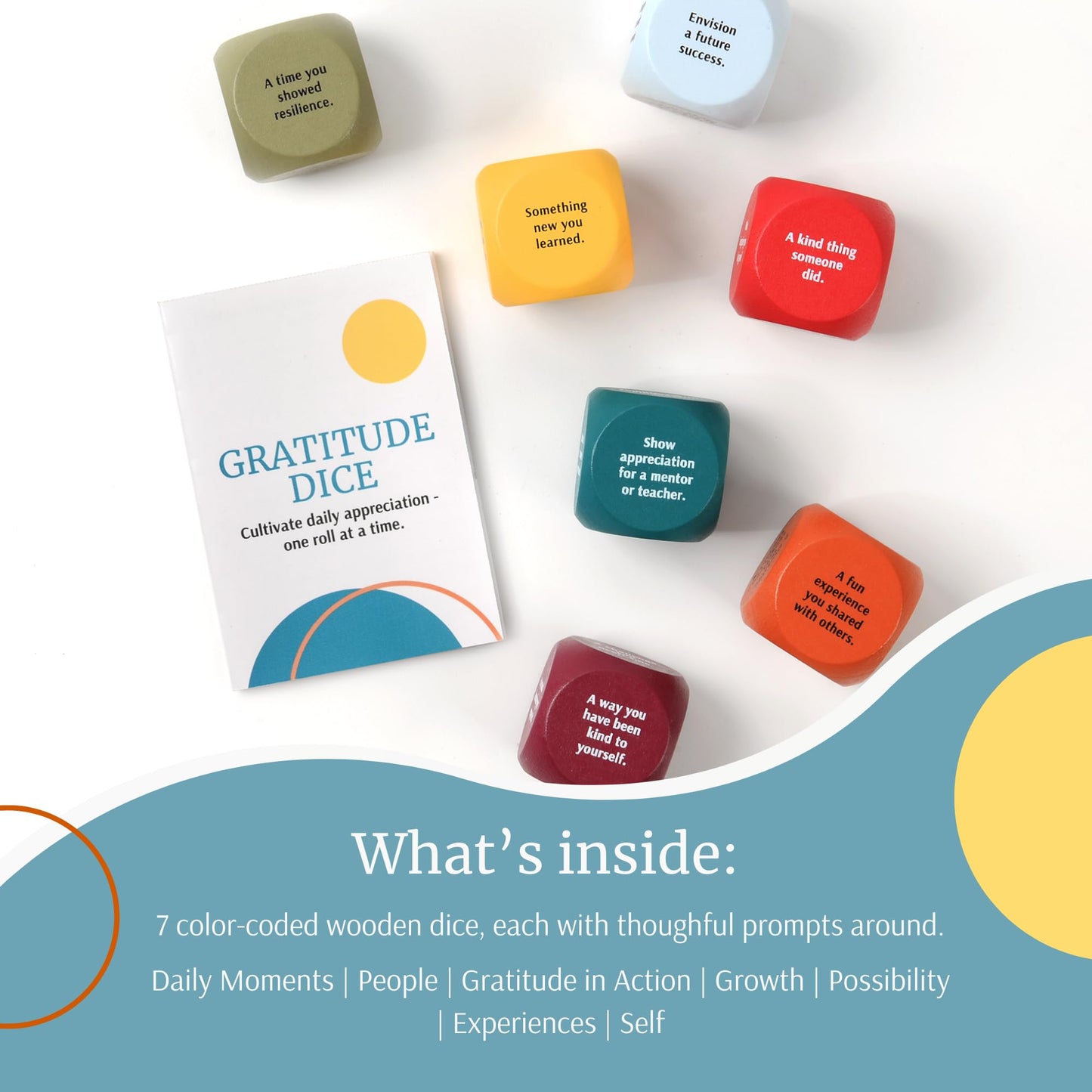 Curiosity Driven Gratitude Dice Set | Color-Coded Wooden Dice with Daily Reflection Prompts