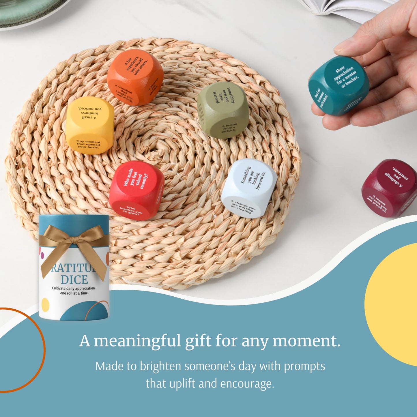 Curiosity Driven Gratitude Dice Set | Color-Coded Wooden Dice with Daily Reflection Prompts