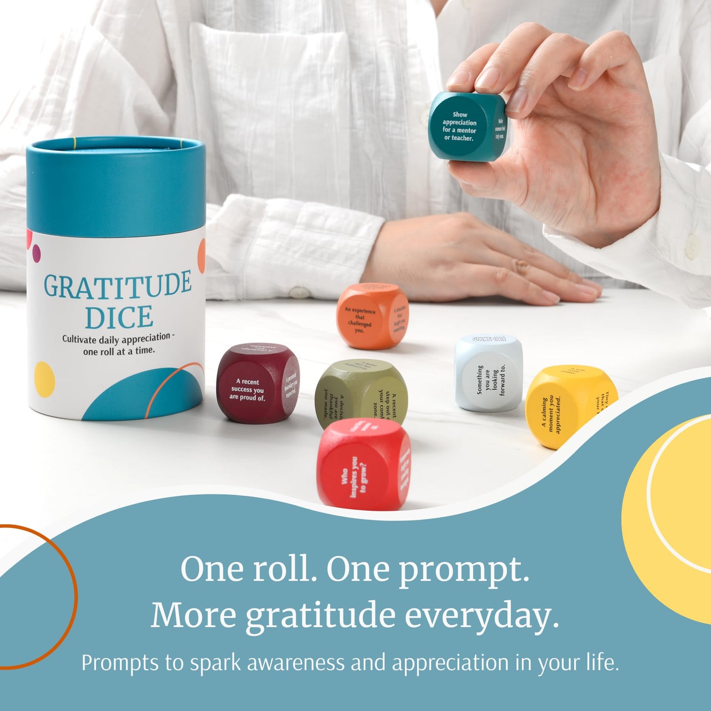 Curiosity Driven Gratitude Dice Set | Color-Coded Wooden Dice with Daily Reflection Prompts