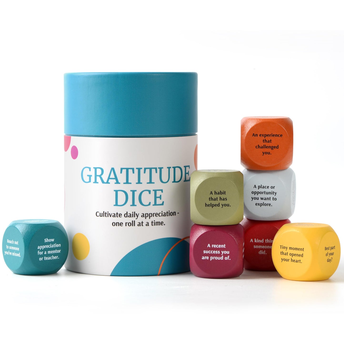 Curiosity Driven Gratitude Dice Set | Color-Coded Wooden Dice with Daily Reflection Prompts