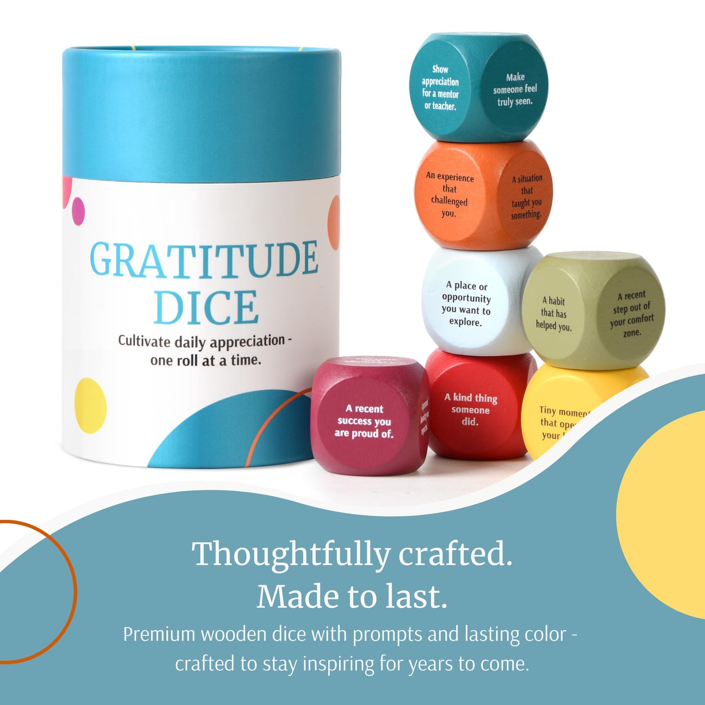 Curiosity Driven Gratitude Dice Set | Color-Coded Wooden Dice with Daily Reflection Prompts