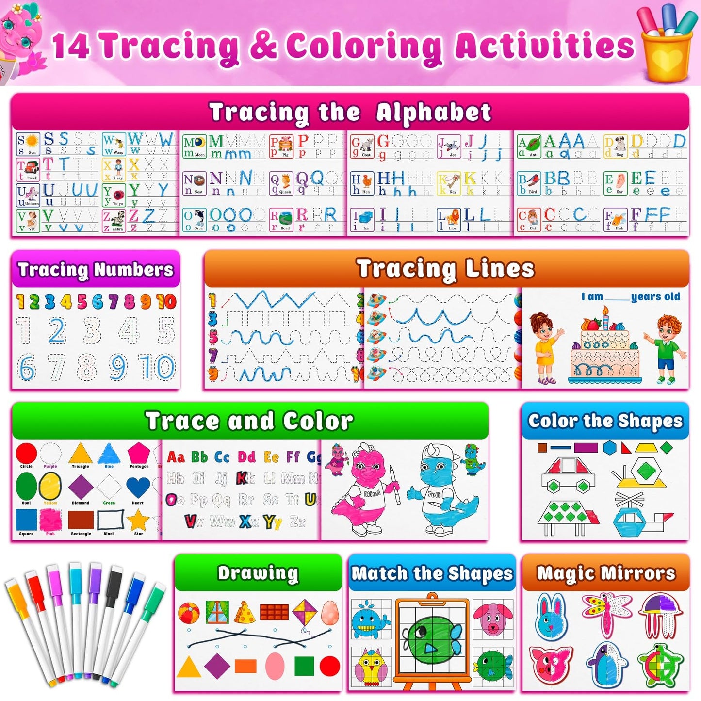 Curious 2 Learn Montessori Busy Book for Toddlers 3–5 | 28 Activities, Travel Bag, 8 Markers