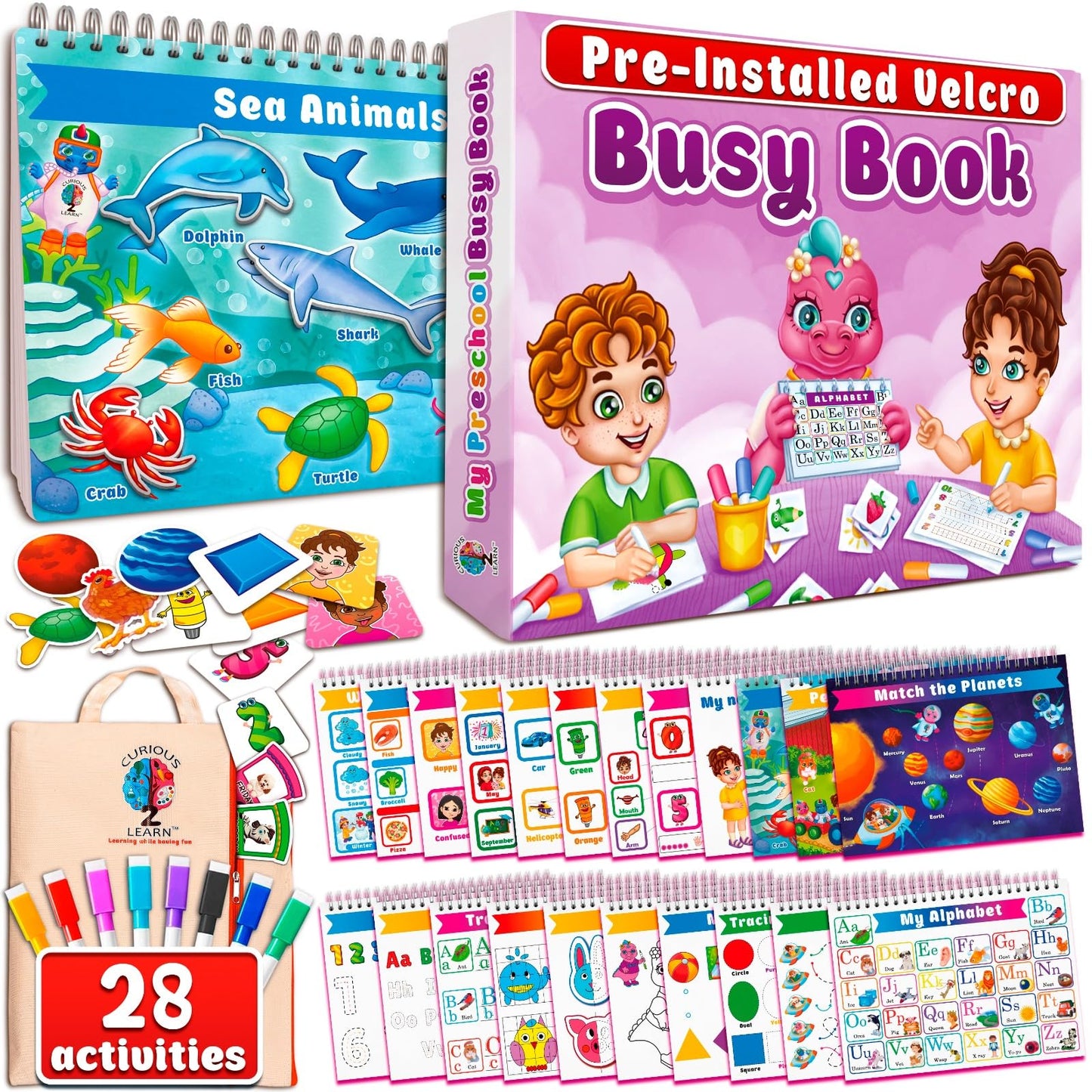 Curious 2 Learn Montessori Busy Book for Toddlers 3–5 | 28 Activities, Travel Bag, 8 Markers