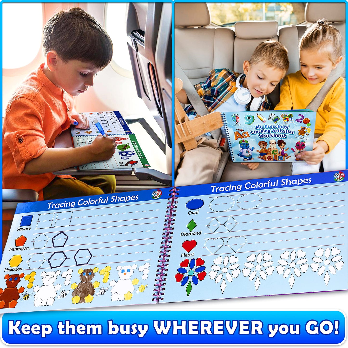 Curious 2 Learn Hardcover Preschool Activity Workbook | 32 Montessori Activities + 9 Markers (Ages 3–5)