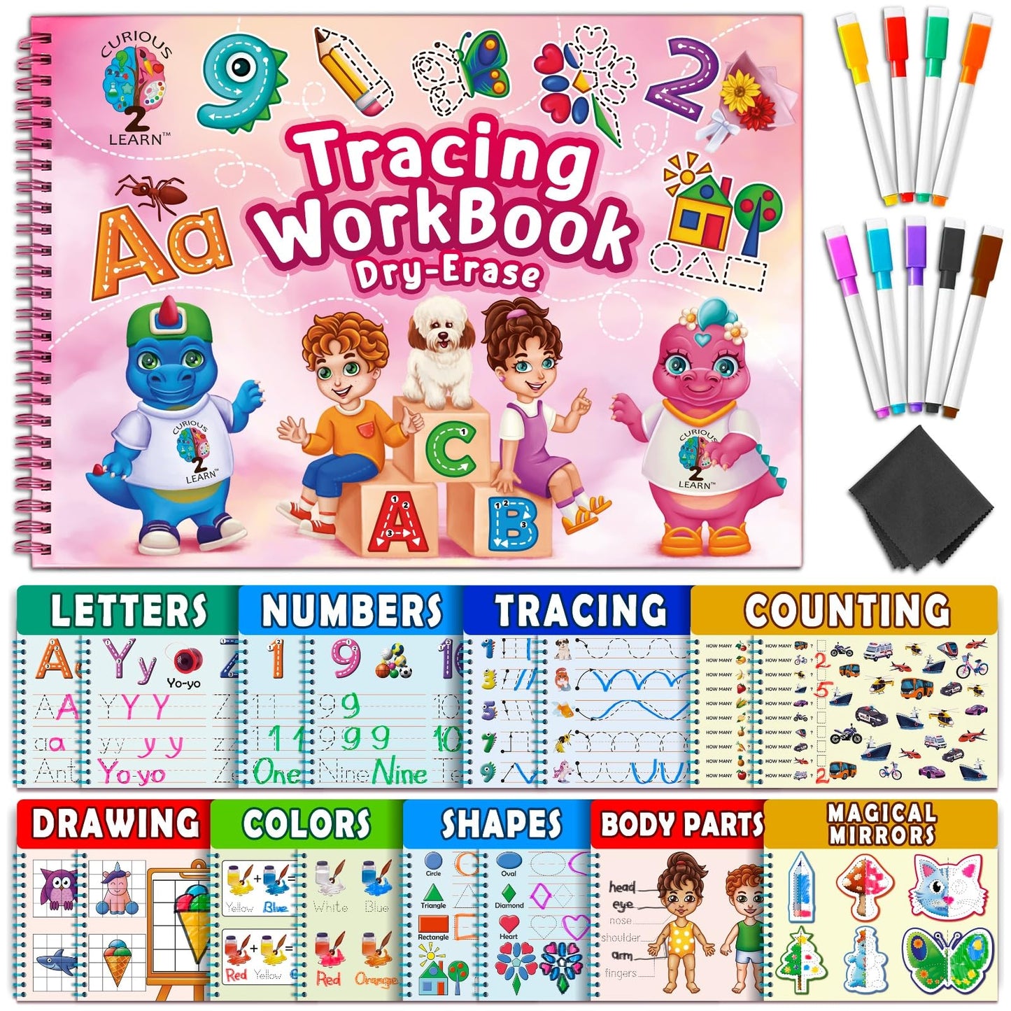 Curious 2 Learn Hardcover Preschool Workbook – 32 Montessori Activities & 9 Markers