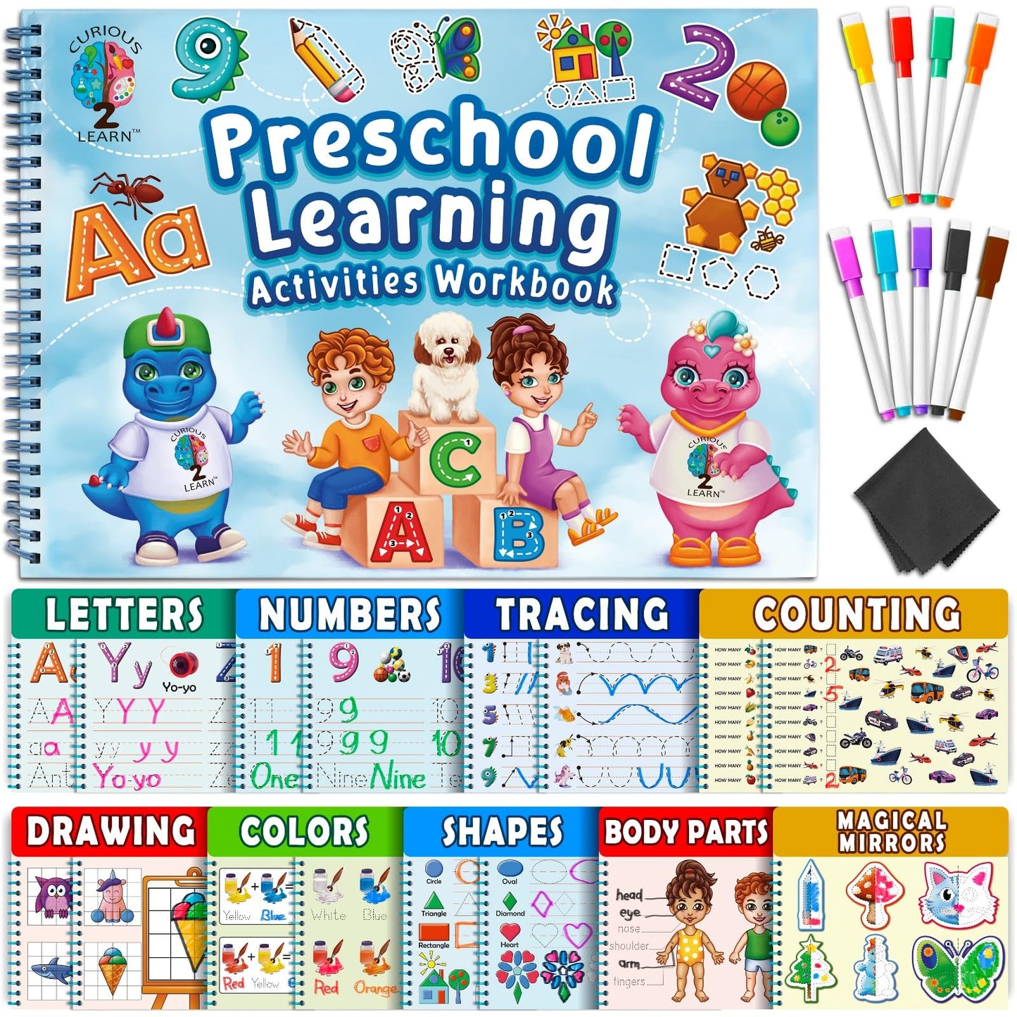 Curious 2 Learn Hardcover Preschool Activity Workbook | 32 Montessori Activities + 9 Markers (Ages 3–5)