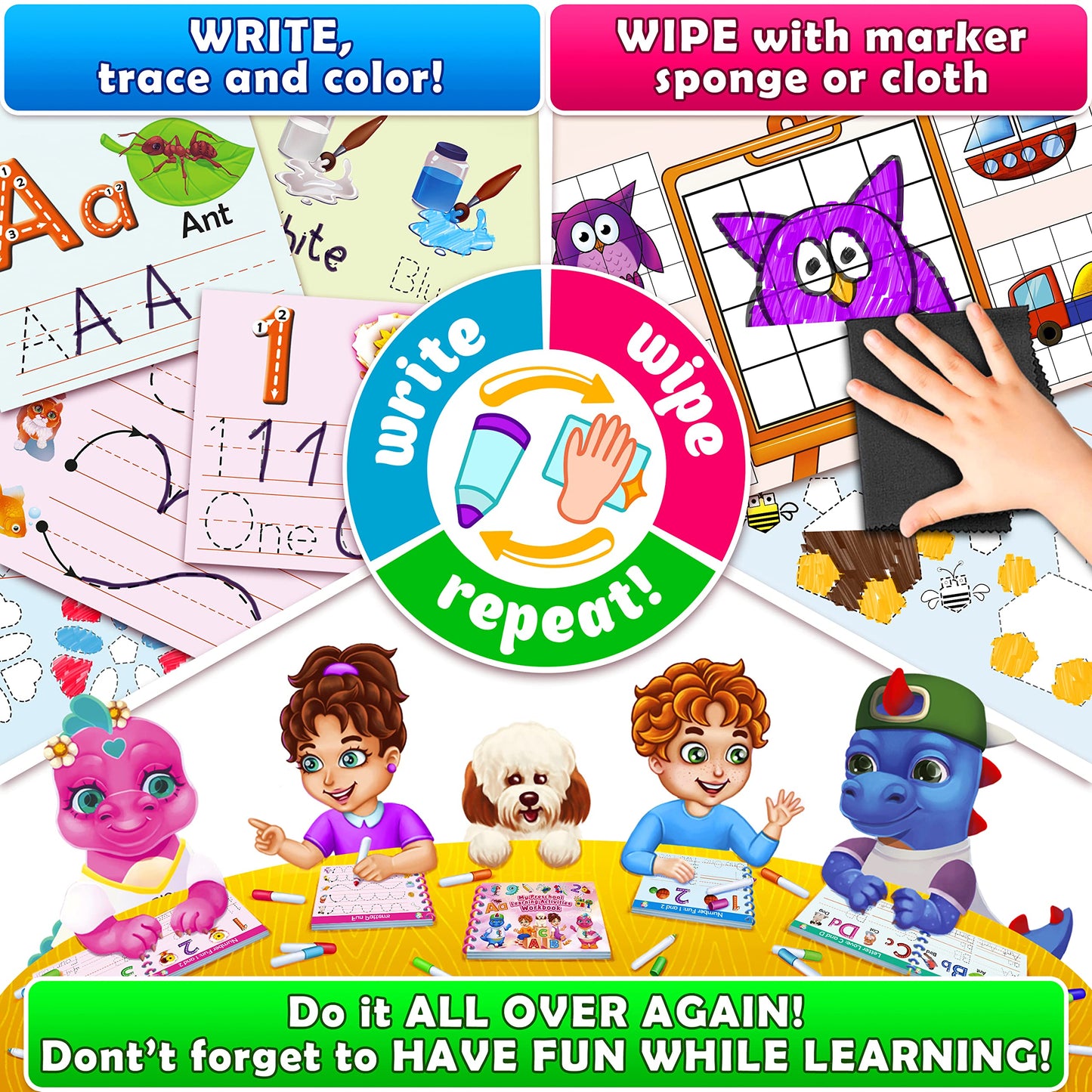Curious 2 Learn Hardcover Preschool Activity Workbook | 32 Montessori Activities + 9 Markers (Ages 3–5)