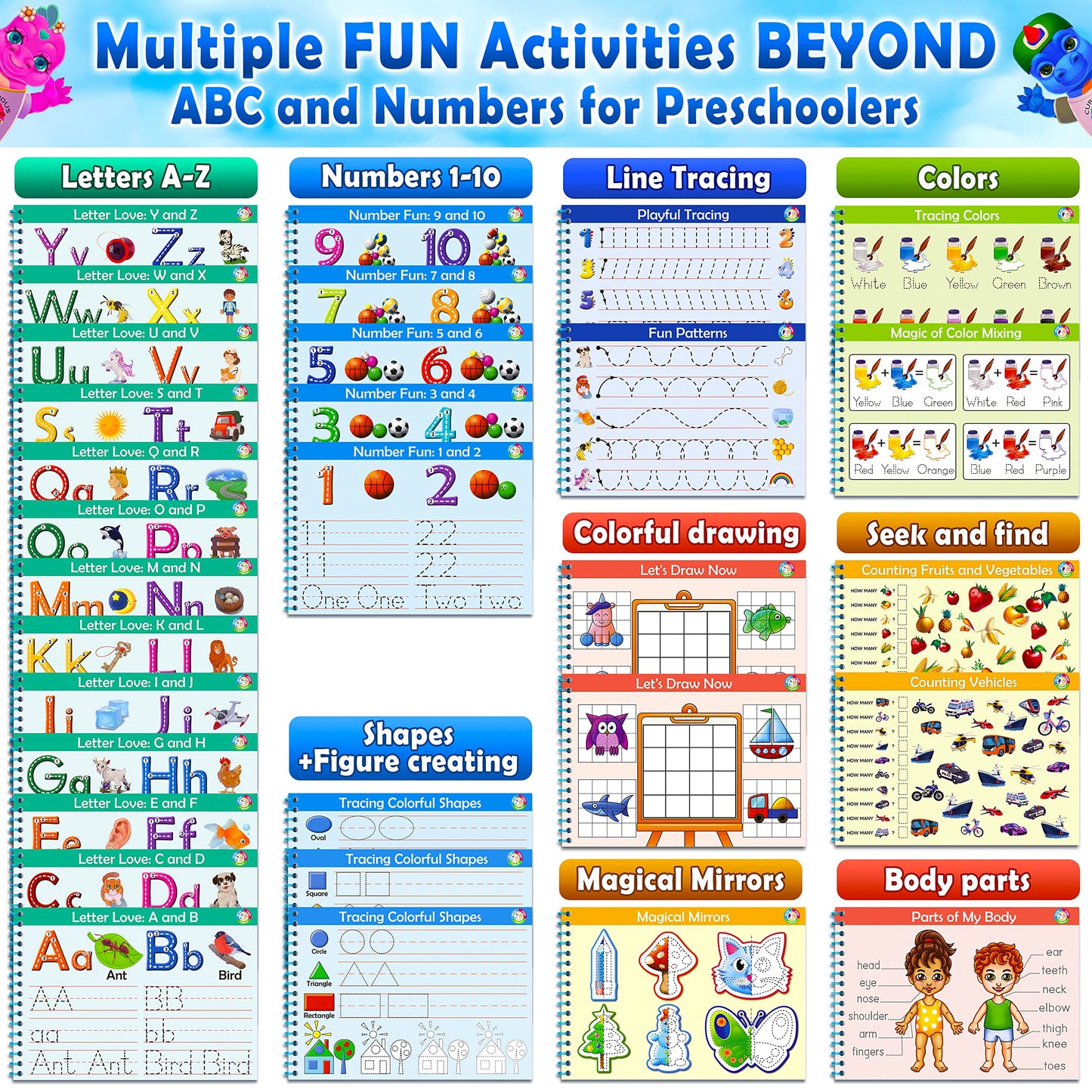 Curious 2 Learn Hardcover Preschool Activity Workbook | 32 Montessori Activities + 9 Markers (Ages 3–5)